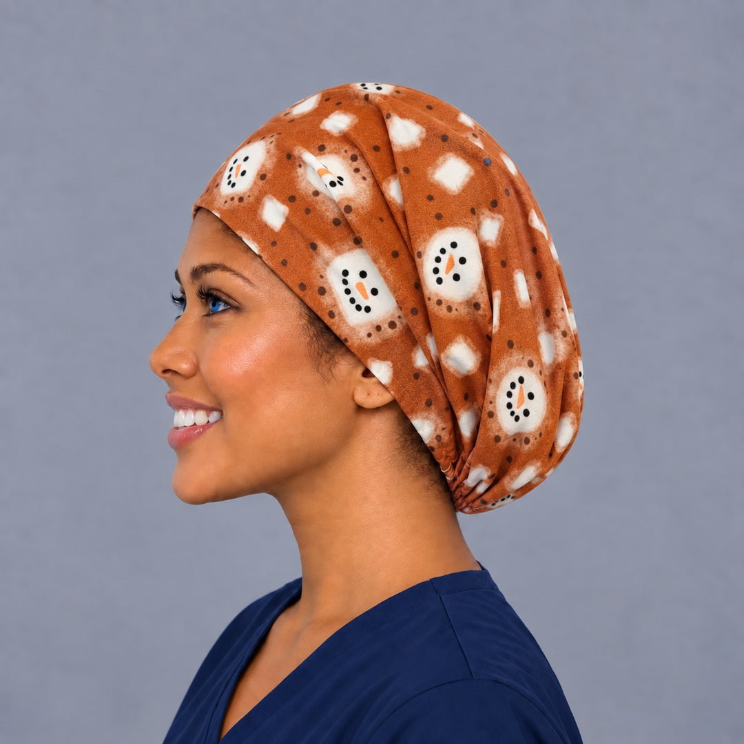 Cocoa snowman Euro cap, left side profile — handmade cinnamon brown winter surgical cap, USA made