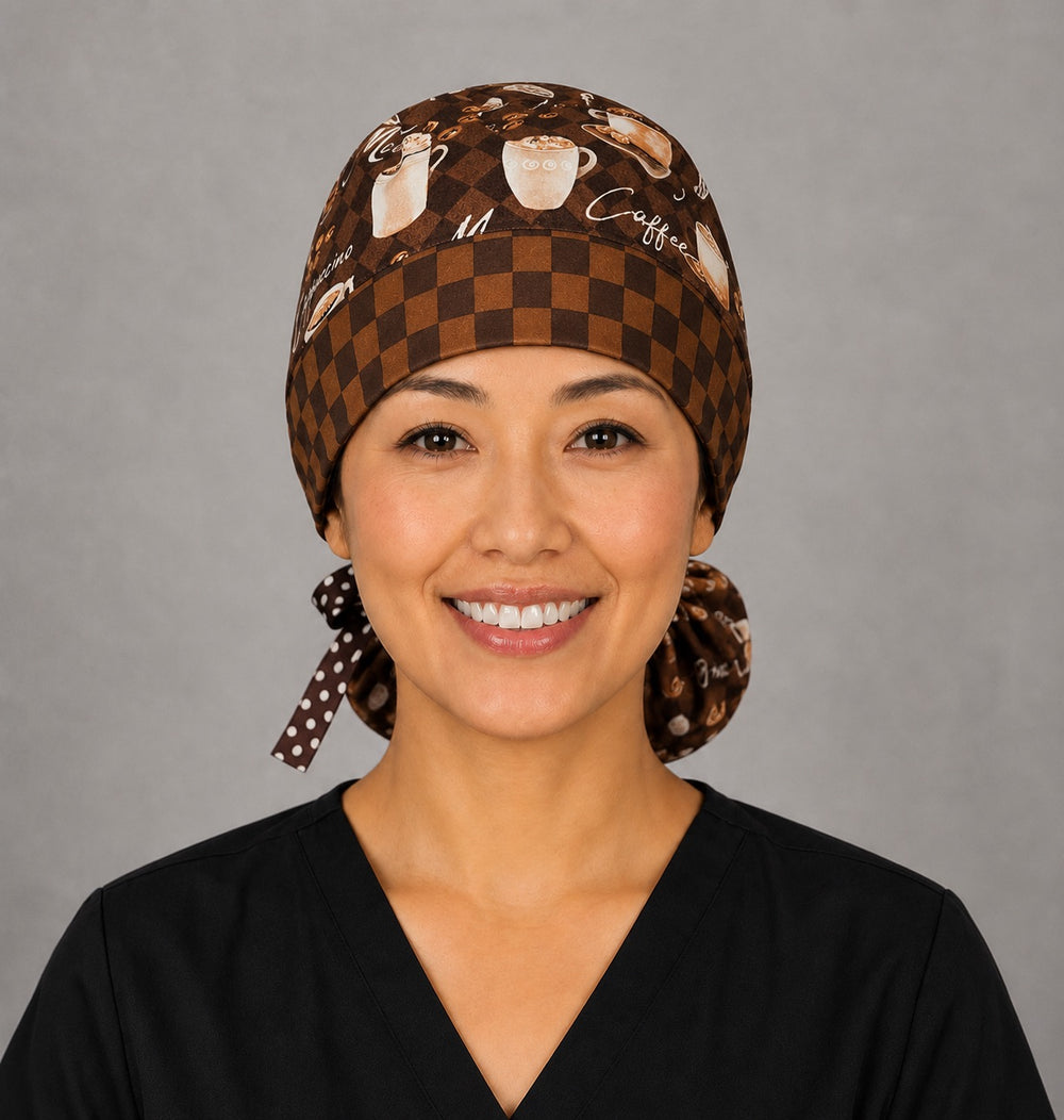 Brown coffee lover ponytail scrub cap back view close-up showing gathered pouch full of cappuccinos, mochas, lattes and coffee beans with brown polka dot grosgrain ribbon bow