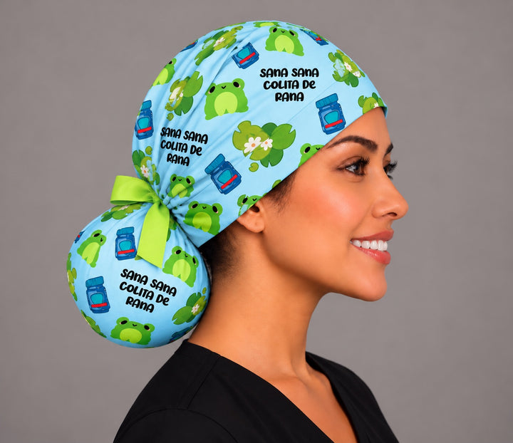 Side profile of a Colita de Rana ponytail cap showing the rounded back pocket and lime ribbon bow