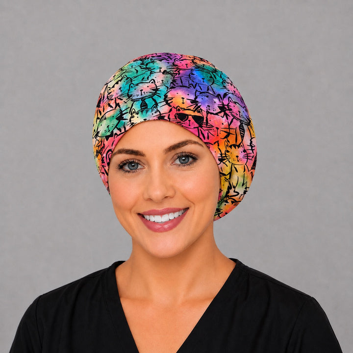 Right side profile of the colorful cat Euro surgical hat — tie-dye watercolor cat print, breathable cotton cap for nurses