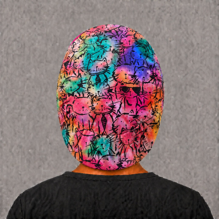 Back view of the colorful cats Euro scrub cap — full coverage showing rainbow cat faces across the crown