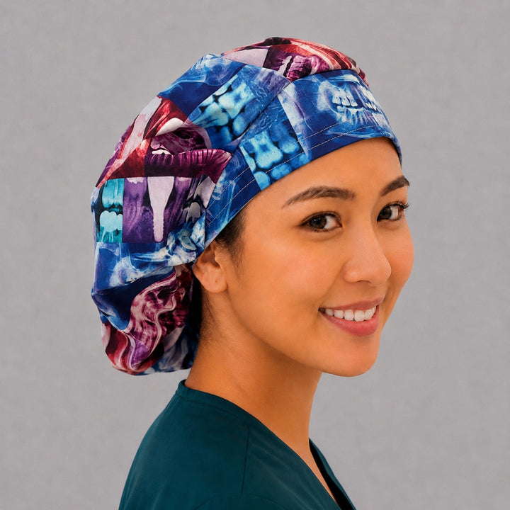 Three-quarter view of the colorful dental X-ray bouffant cap — teeth X-ray print surgical hat, a fun gift for dentists and oral surgery teams