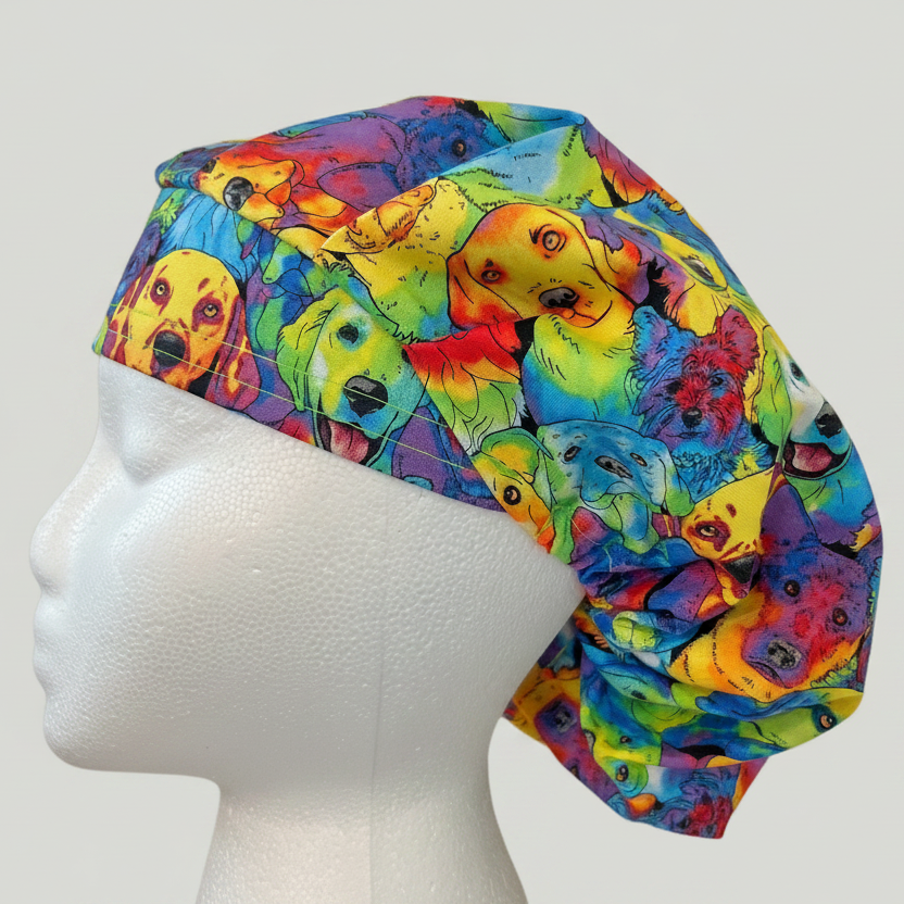 Bouffant Dog Scrub Cap | Colorful Puppy Surgical Hat | Adjustable OR Cap for Nurses, Veterinarians & Dog Lovers | Satin Lining Option