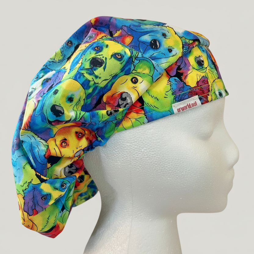 Bouffant Dog Scrub Cap | Colorful Puppy Surgical Hat | Adjustable OR Cap for Nurses, Veterinarians & Dog Lovers | Satin Lining Option