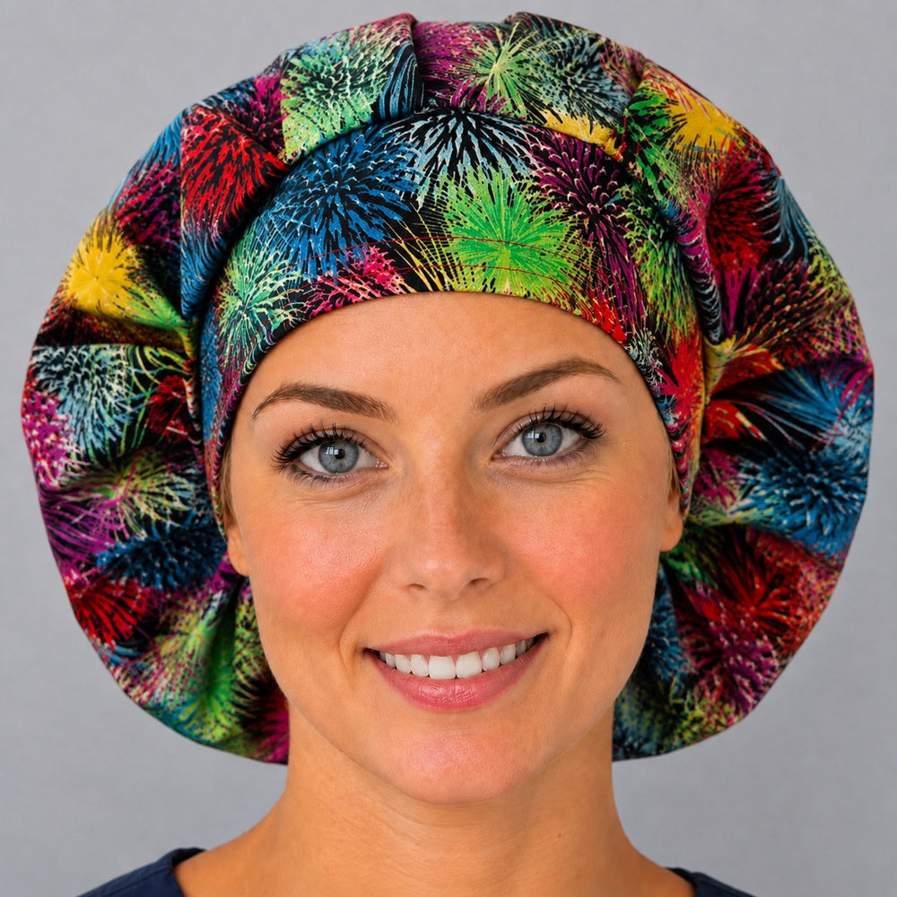 Woman wearing a colorful fireworks bouffant scrub cap, front view — neon starbursts in blue, pink and green on navy, adjustable women's surgical hat