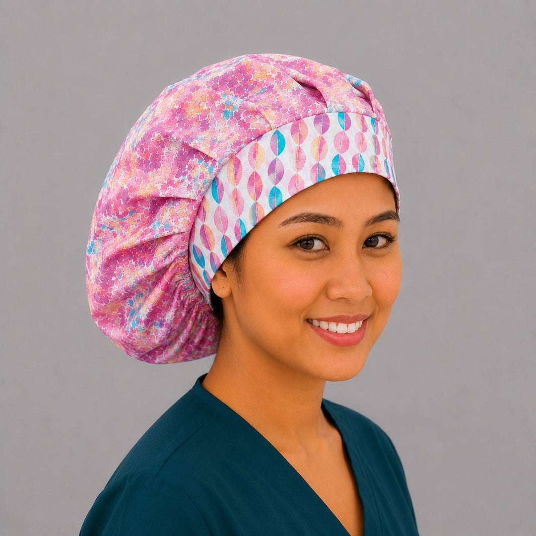 Colorful floral watercolor bouffant scrub cap left side profile showing bright pink teal orange watercolor florals with geometric band, women&