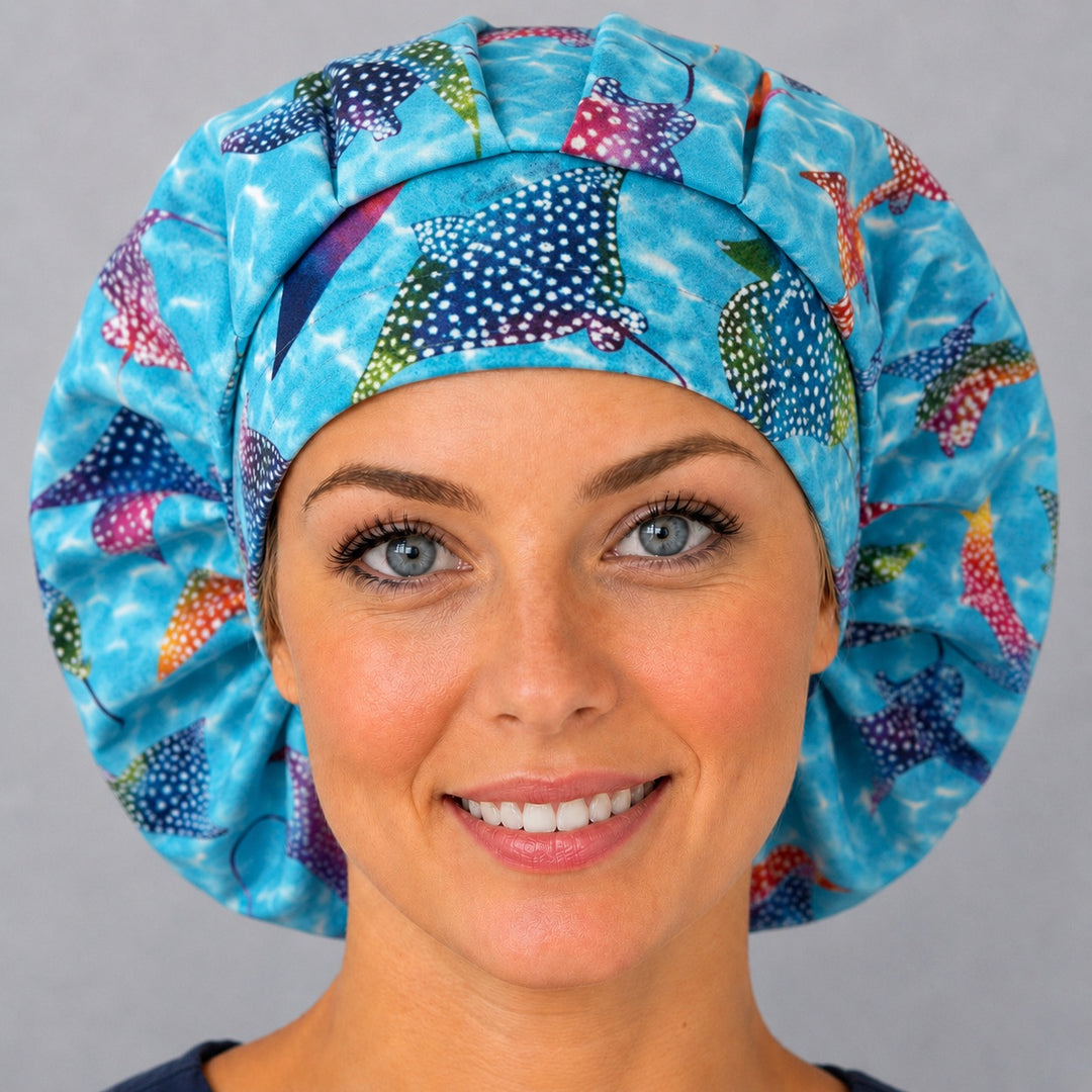Woman wearing a colorful manta ray bouffant scrub cap, front view — rainbow stingrays on ocean-blue water print, adjustable women&