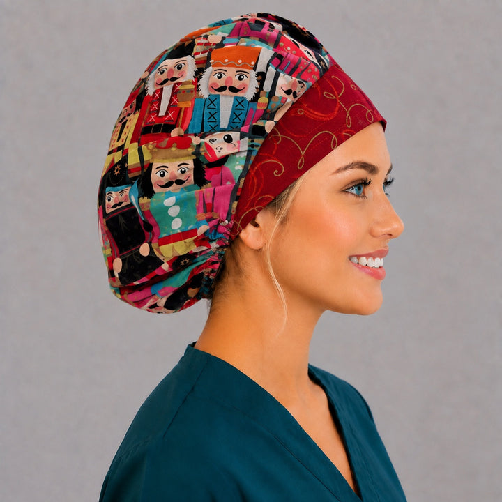 Colorful nutcracker bouffant scrub cap, right side profile — toy soldier print for OR nurses and surgical techs
