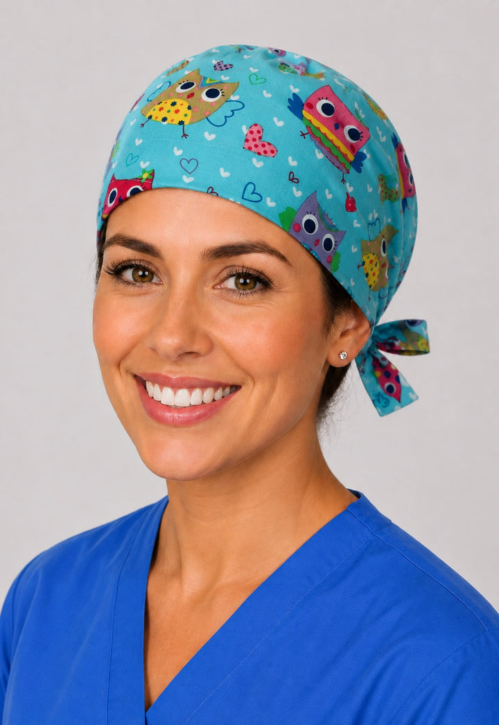 Colorful owl scrub cap for short hair, handmade teal tie-back surgical hat with owls and hearts on OR nurse, front view