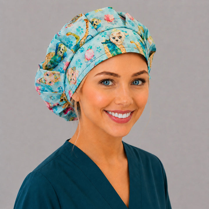 Colorful puppy bouffant scrub cap side view — unisex adjustable OR cap with elastic fit, blue dog print for nurses and pet lovers