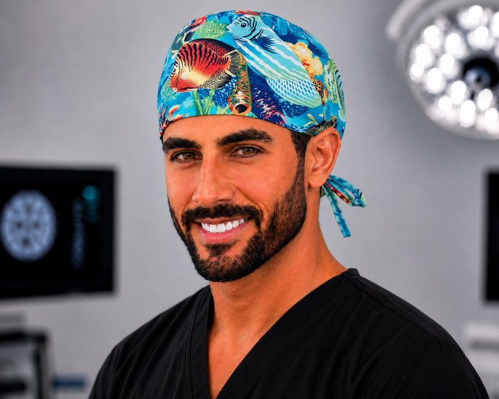Male OR nurse wearing colorful reef fish scrub cap for men, ocean sea life surgical hat, front angled view