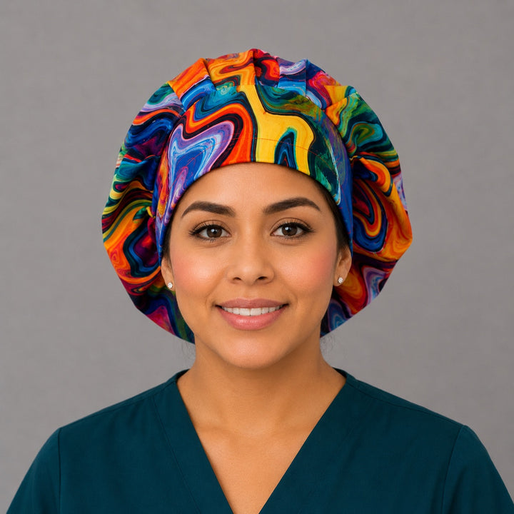 Colorful ripples rainbow bouffant scrub cap for women, front view, swirling rainbow marble print of red blue orange and purple, handmade surgical hat by OR World