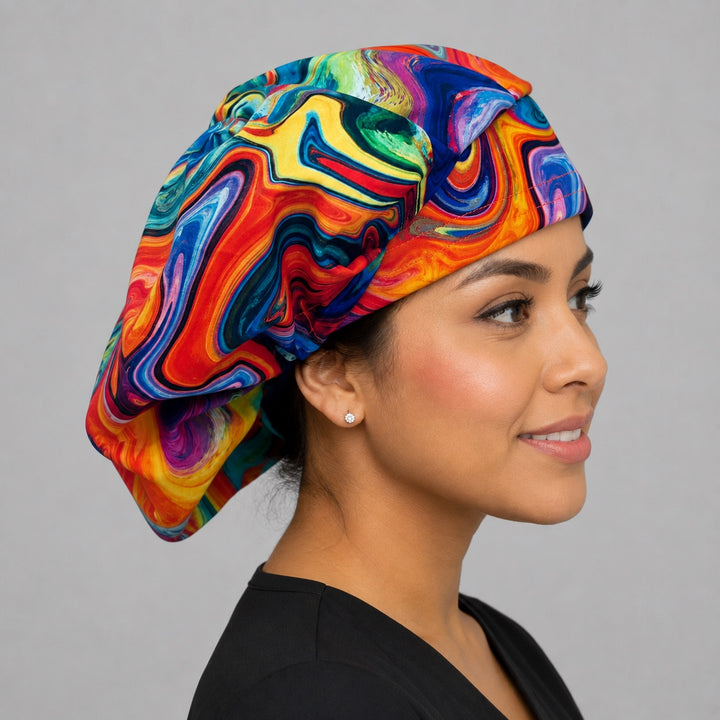 Colorful ripples rainbow bouffant scrub cap right side profile showing vibrant rainbow marble ripple print, women&