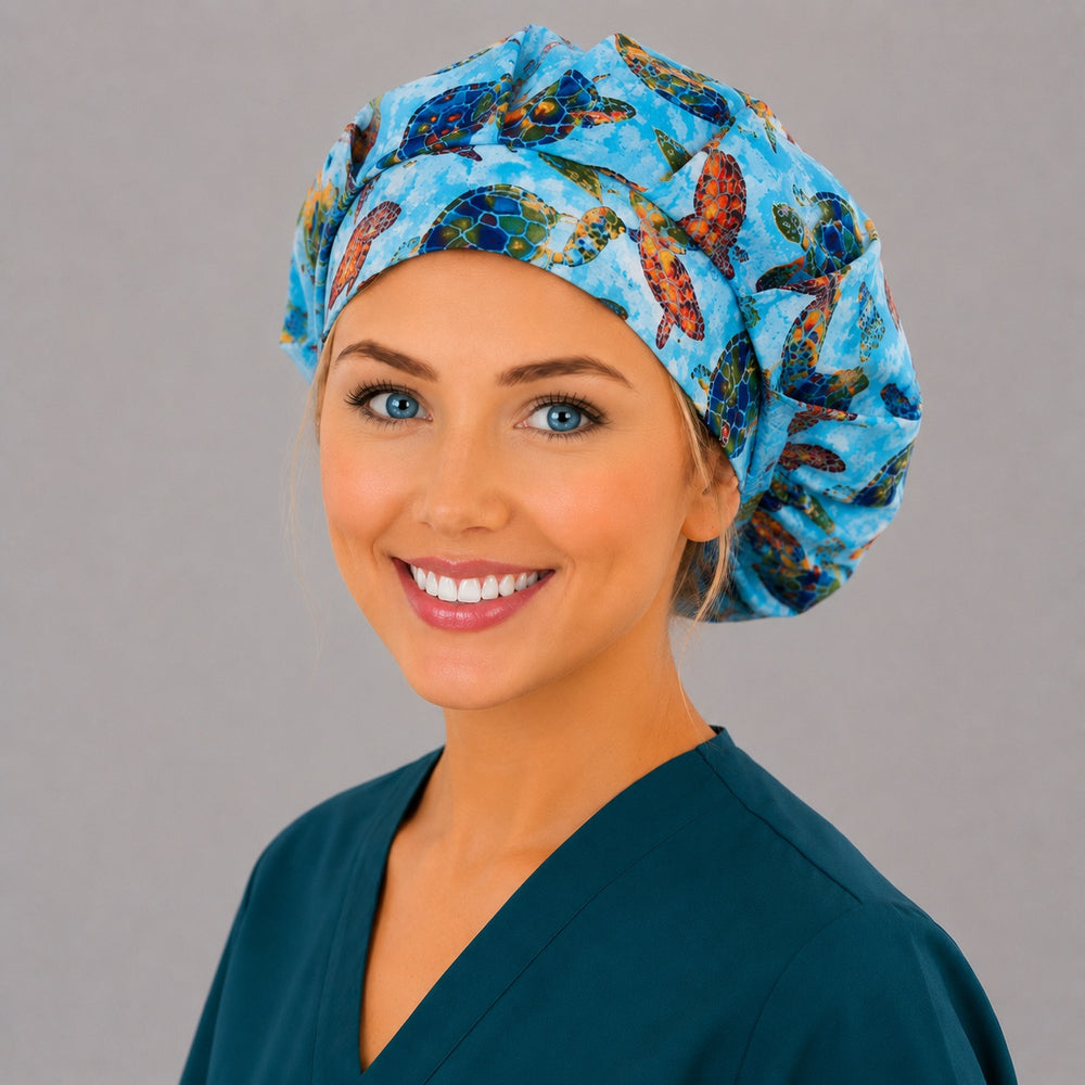Colorful sea turtle Hawaiian bouffant scrub cap left side profile showing vibrant ocean turtles on blue, women's tropical surgical hat OR World