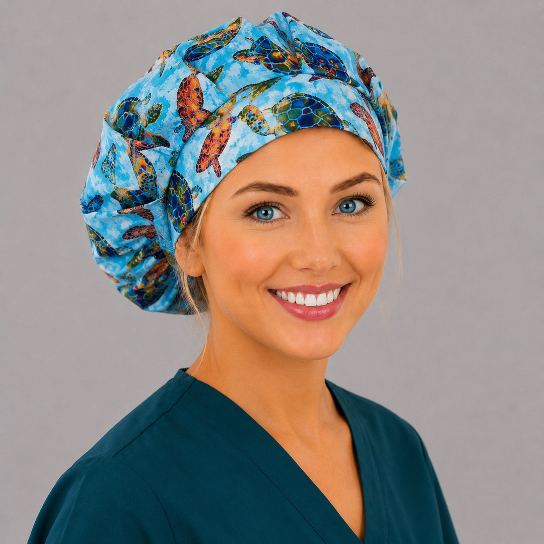 Colorful sea turtle Hawaiian bouffant surgical cap right side profile showing tropical ocean sea turtles print, OR World nurse hat