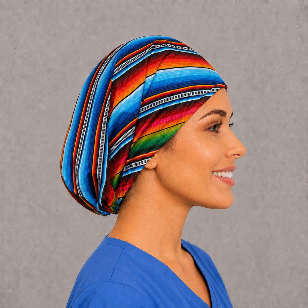 Colorful serape Euro cap for women, left side profile — handmade Mexican heritage surgical cap, USA made