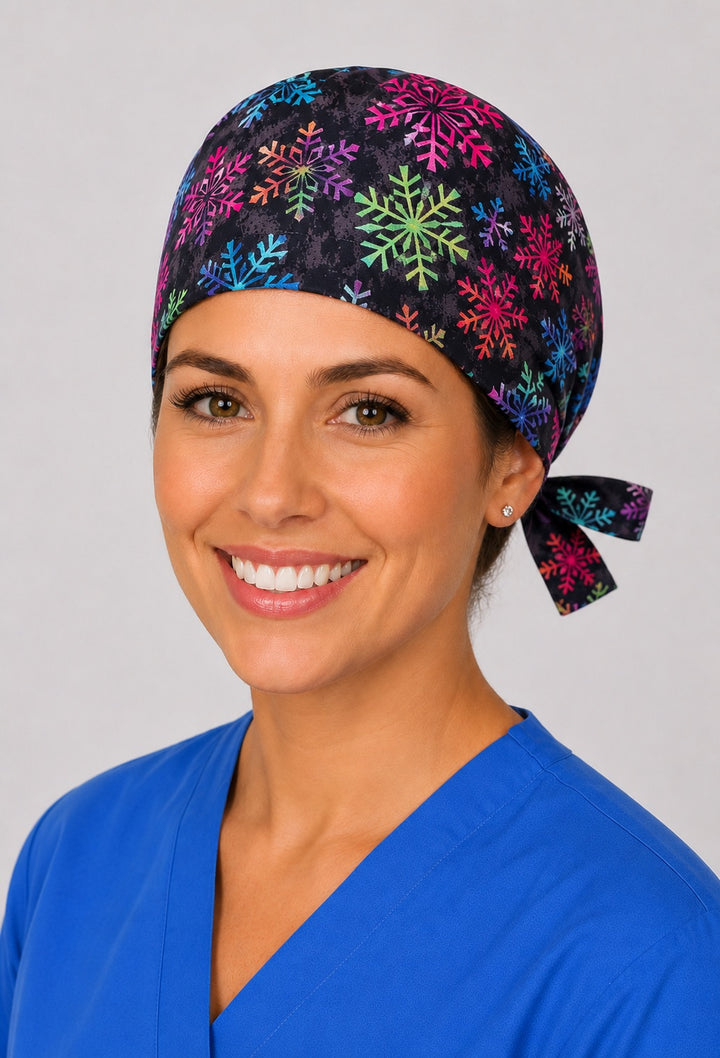 Three-quarter view of colorful snowflake unisex black winter adjustable surgical hat for nurses and surgical techs