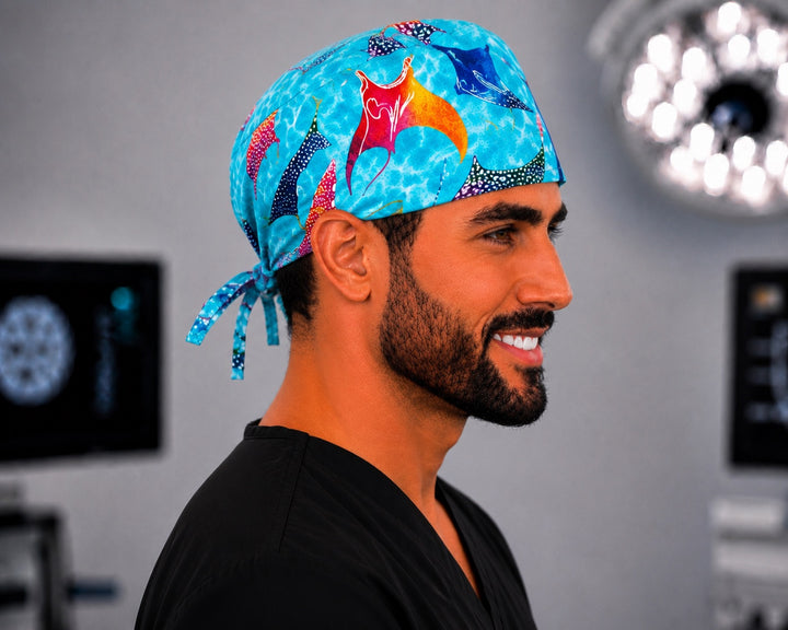 Side profile of colorful stingray scrub cap for men and unisex wear, ocean marine life OR World cap