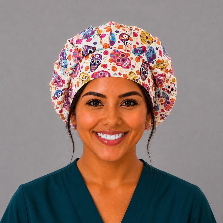 Colorful sugar skull bouffant scrub cap for women, front view, bright Day of the Dead skulls in pink purple blue and orange on cream, handmade surgical hat by OR World