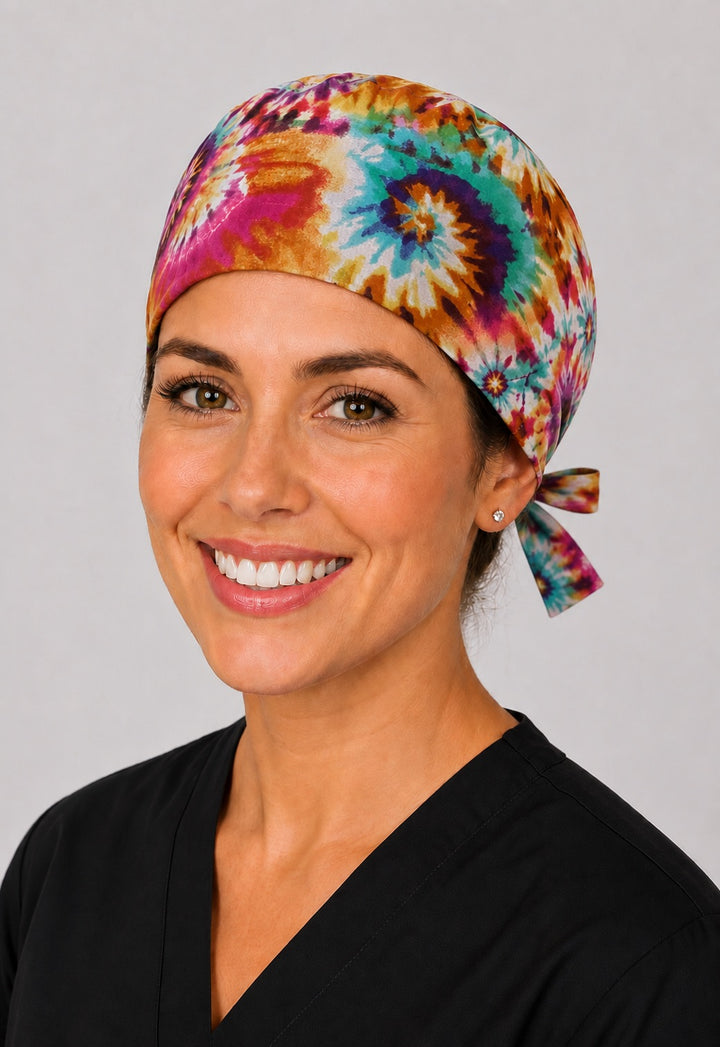 Side view of vibrant tie dye adjustable tie-back OR cap for surgical techs and vet techs