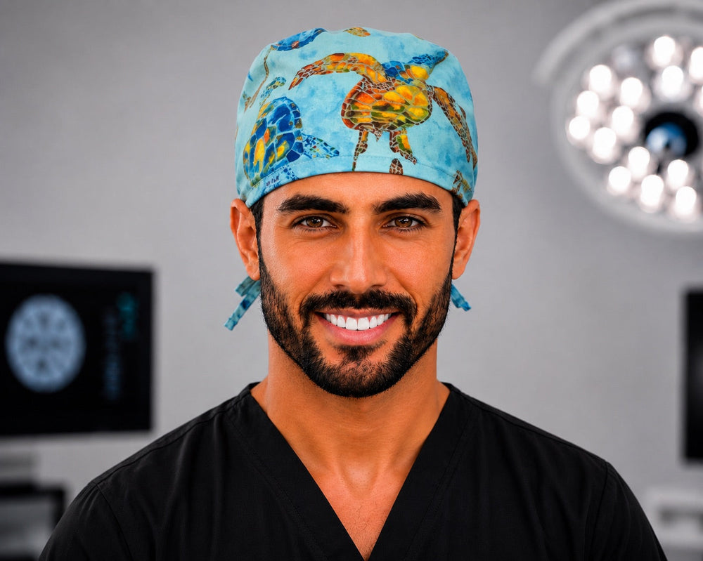 Colorful turtle scrub cap in watercolor rainbow stained-glass print, handmade men's tie-back tropical surgical hat on male OR nurse, front view