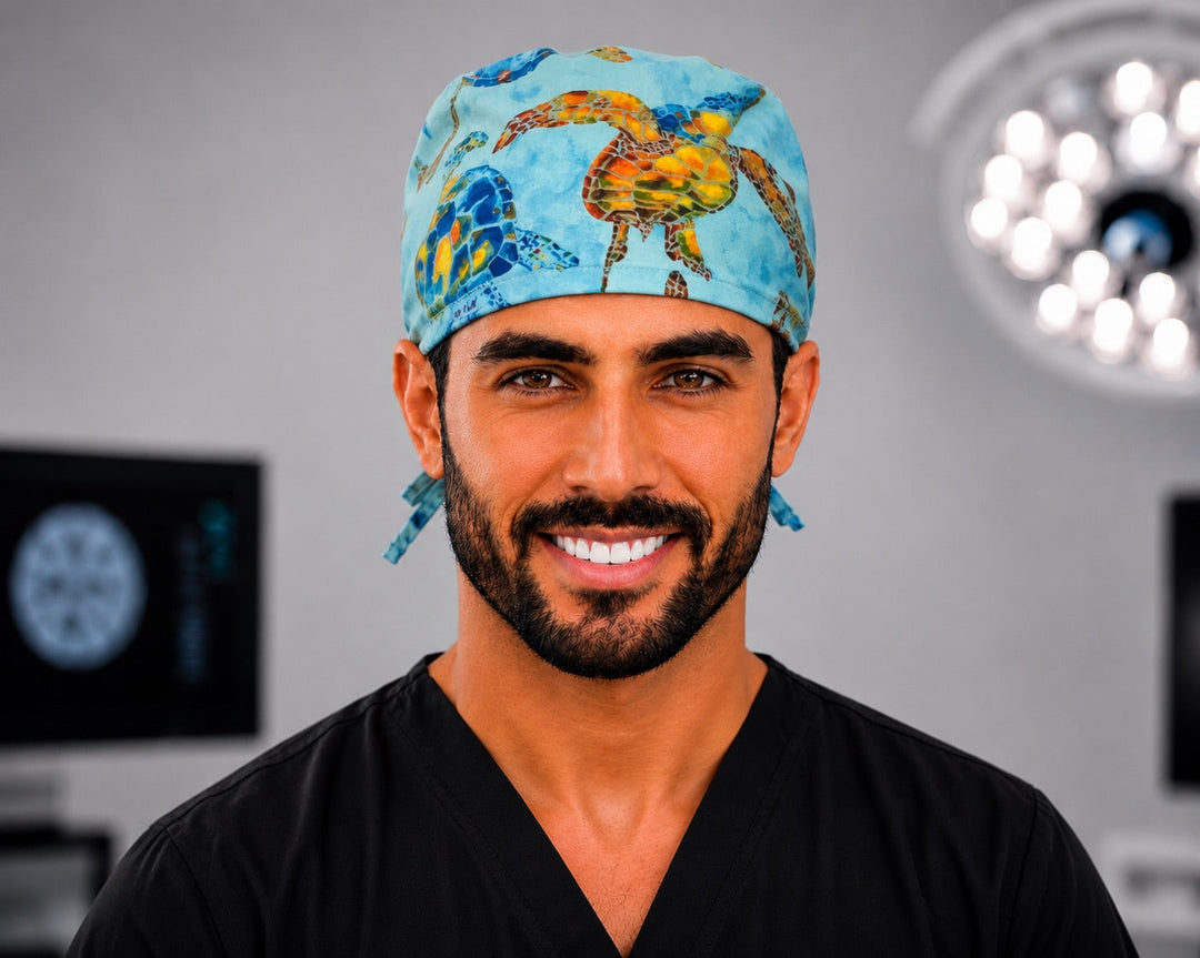Colorful turtle scrub cap in watercolor rainbow stained-glass print, handmade men&