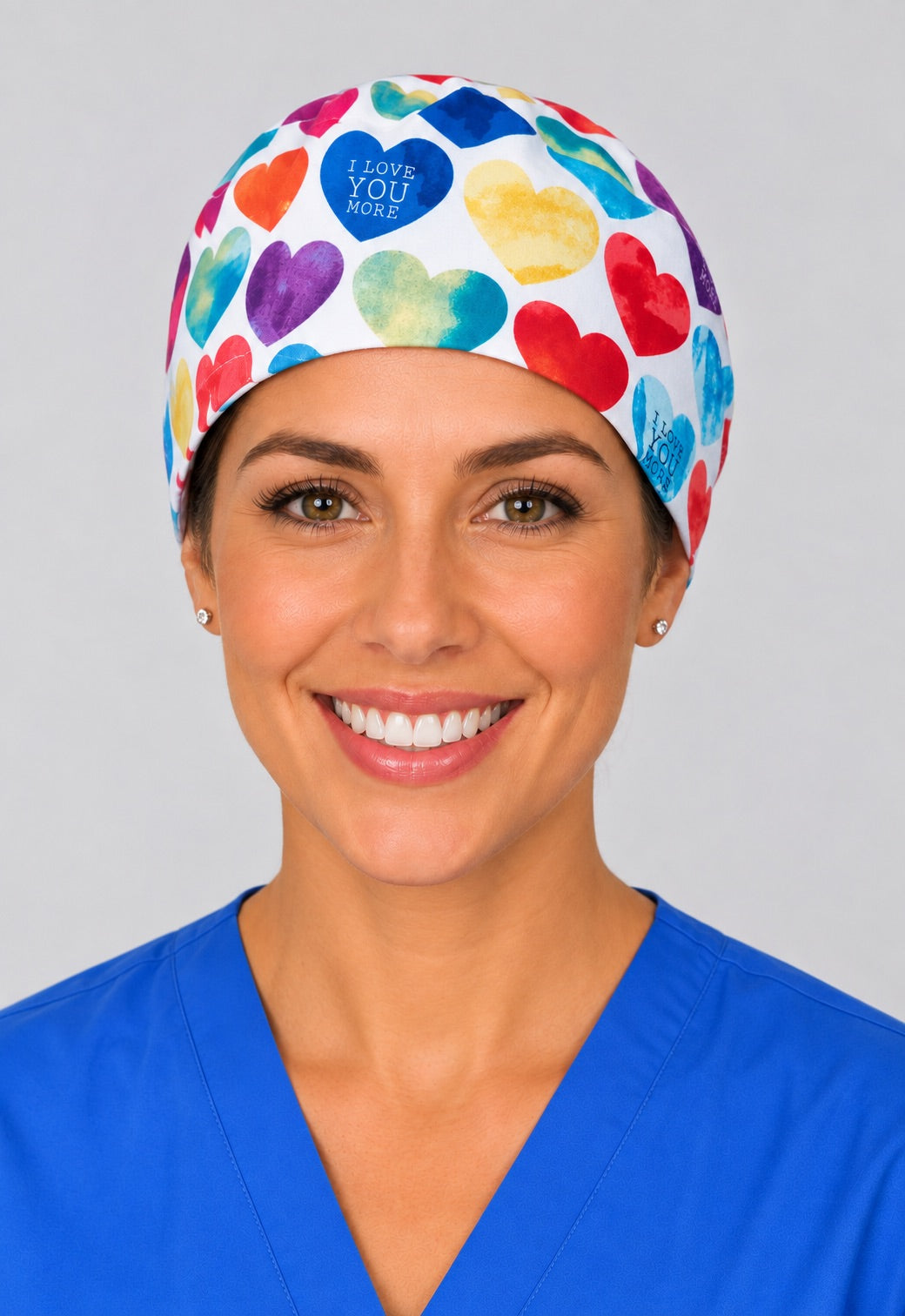 Colorful watercolor hearts surgical hat in straight front view, Valentine nurse cap sized for short hair