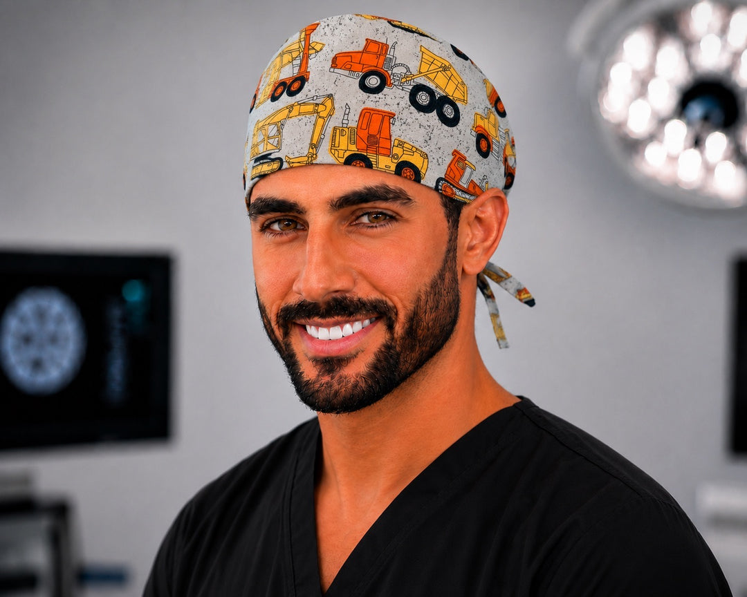 Construction dump truck and excavator men's tie-back scrub cap, pediatric OR surgical hat handmade in the USA, front view
