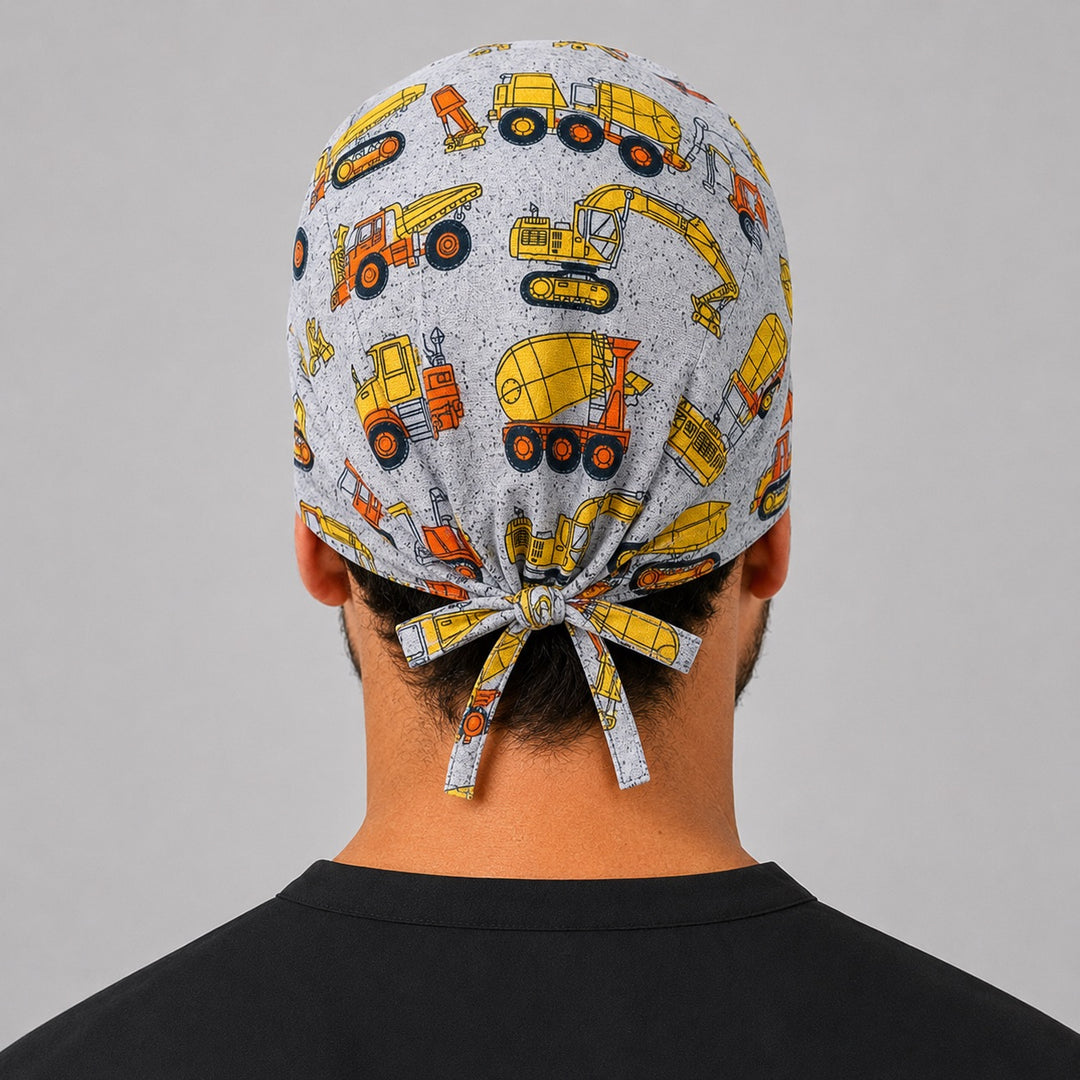 Back view of adjustable tie-back knot on construction trucks pediatric scrub cap surgical hat for men