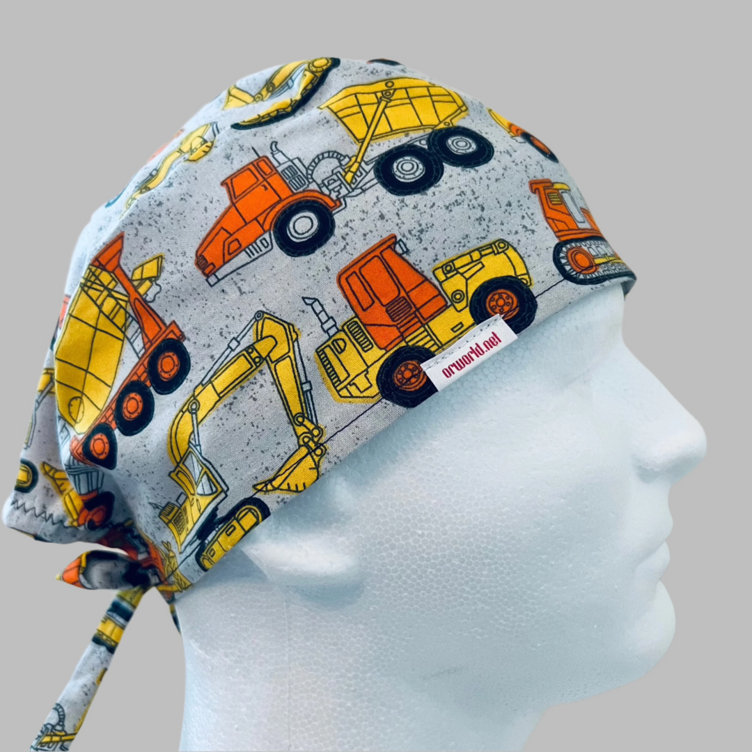 Construction Trucks Scrub Cap|Dump Truck & Excavator Surgical Hat for Nurses & Pediatric Healthcare