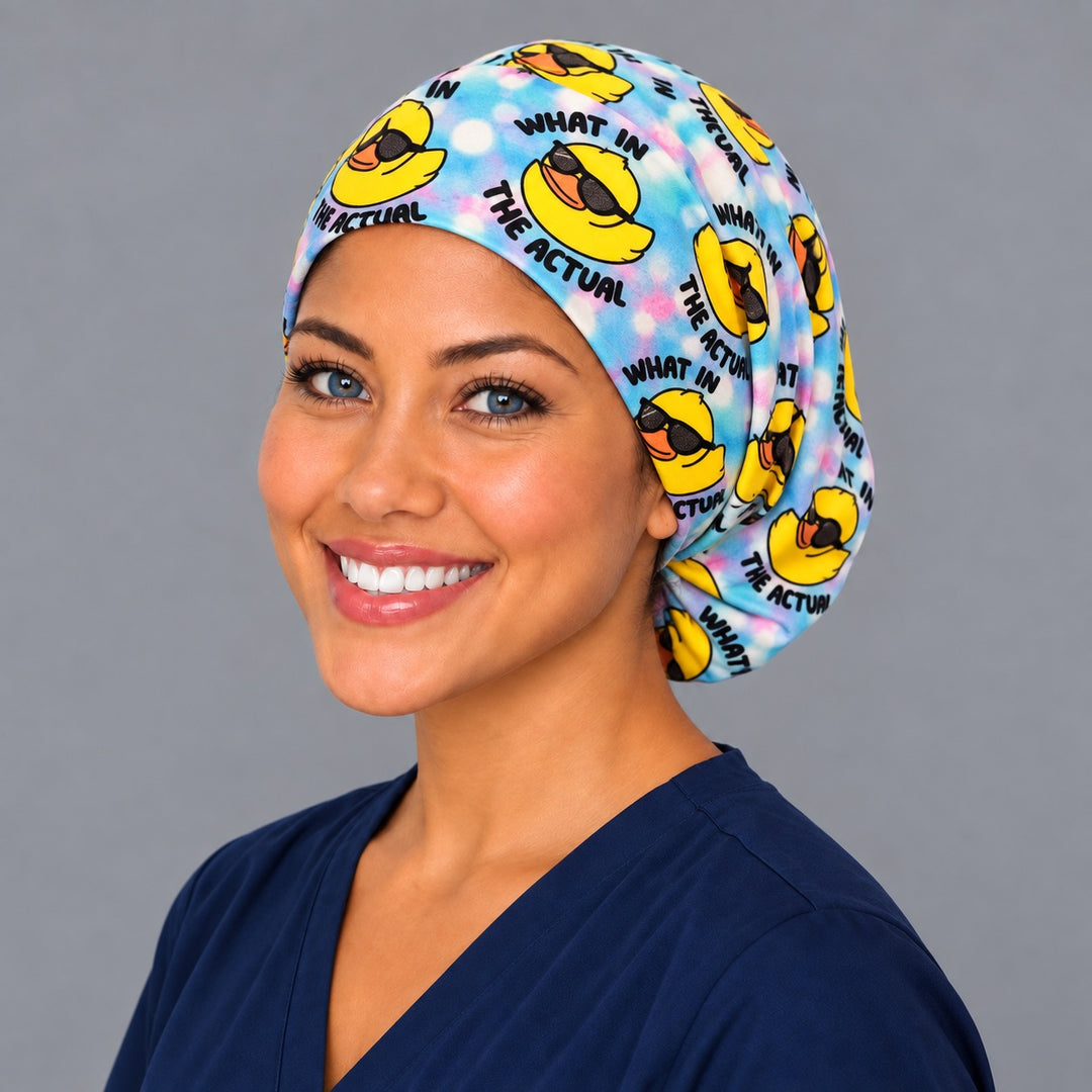 Cool duck Euro surgical cap, right angled view — elastic adjustable back that secures long or thick hair