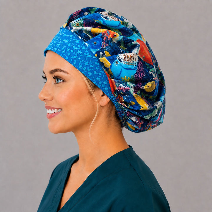 Coral reef fish bouffant cap for women, left side profile — handmade underwater surgical cap, USA made