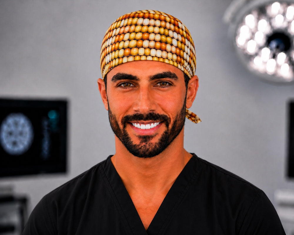 Yellow corn print men's tie-back scrub cap, foodie Thanksgiving OR surgical hat handmade in the USA, front view