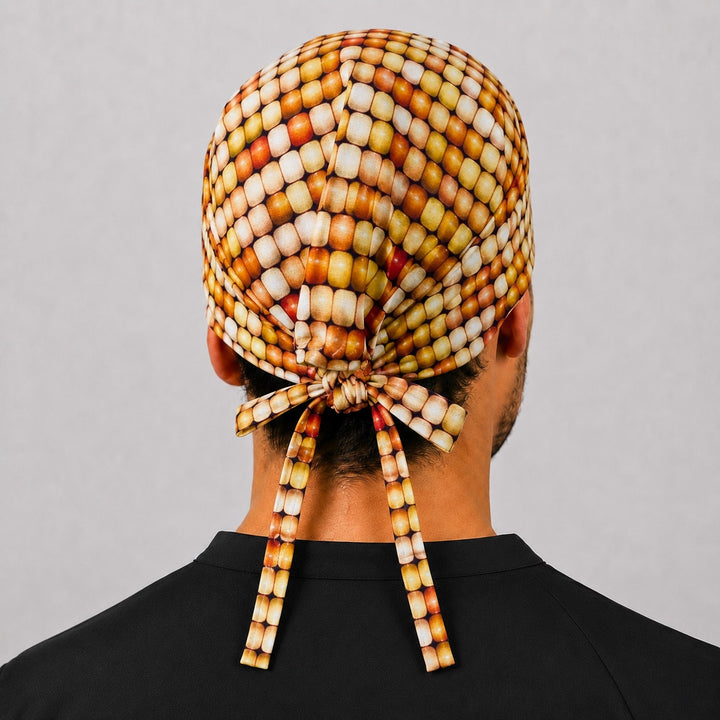 Back view of adjustable tie-back knot on yellow corn on the cob scrub cap surgical hat for men