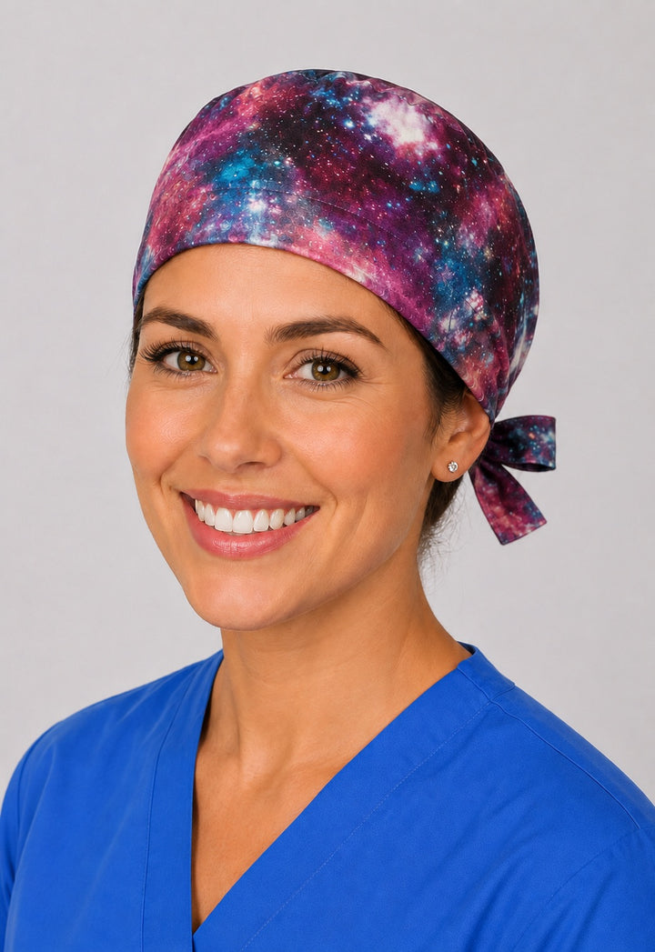 Three-quarter view of cosmic galaxy scrub cap in pink and blue, unisex adjustable surgical hat for nurses and surgical techs