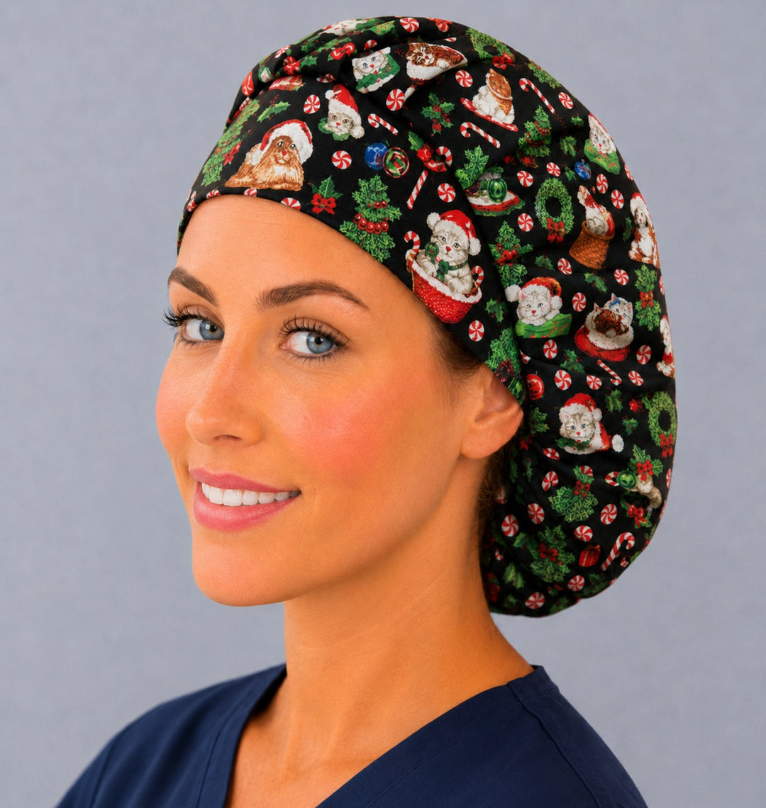 Cozy Catmas bouffant surgical cap for long hair, left angled smiling view — deep gathered fit that secures thick or braided hair