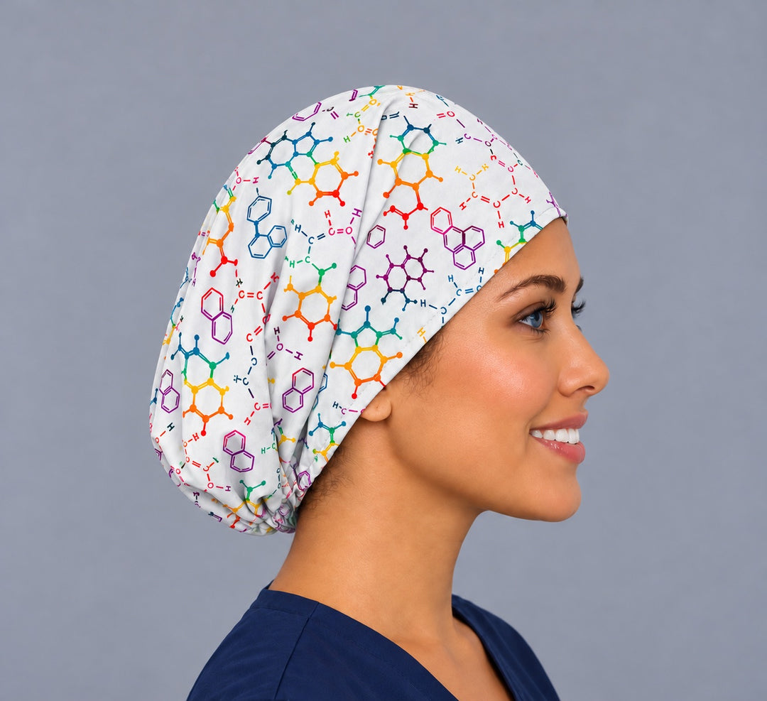Right side profile of a CRNA anesthesia surgical cap, showing the adjustable elastic back gathered low at the nape behind the ear