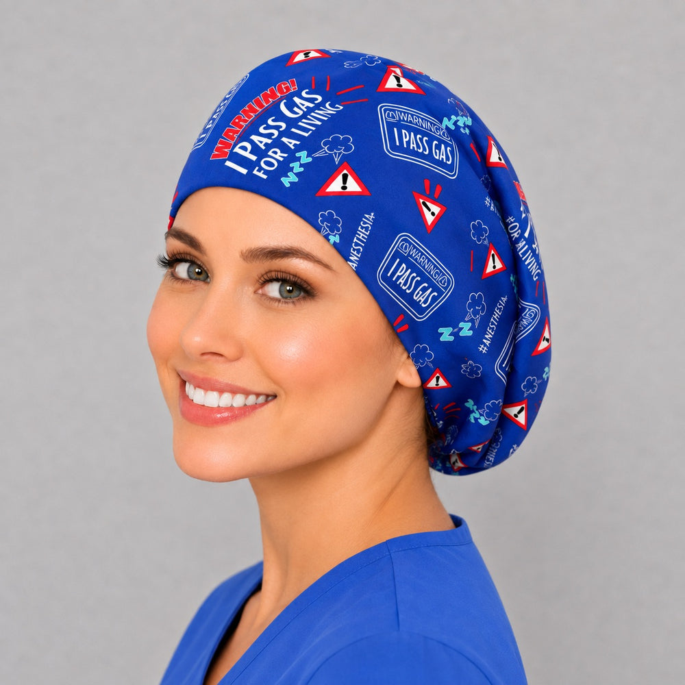 CRNA anesthesiologist Euro surgical cap, left angled view — elastic adjustable back with full head coverage