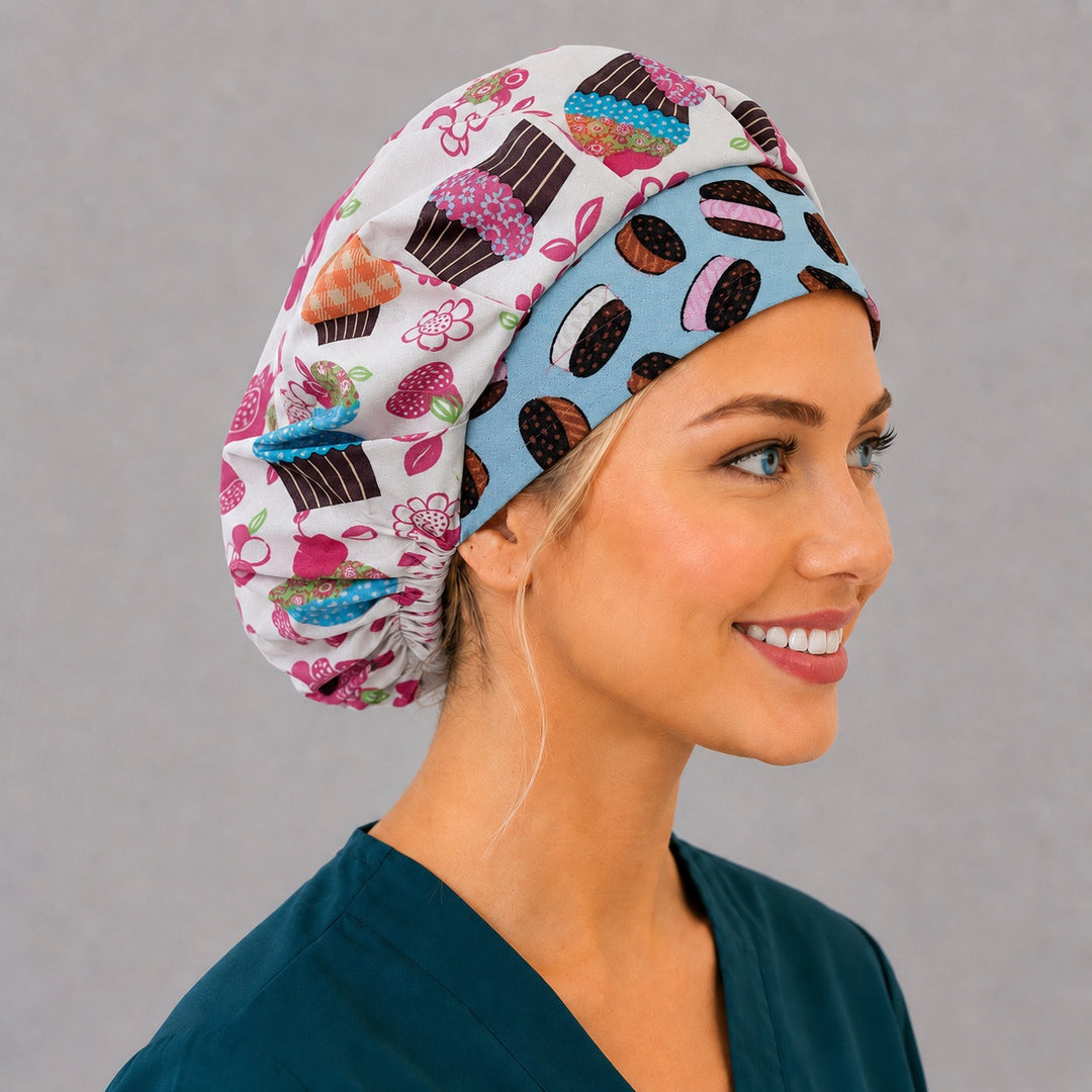 Side view of the cupcake bouffant surgical hat — powder-blue ice cream sandwich contrast band, roomy breathable cotton cap for nurses