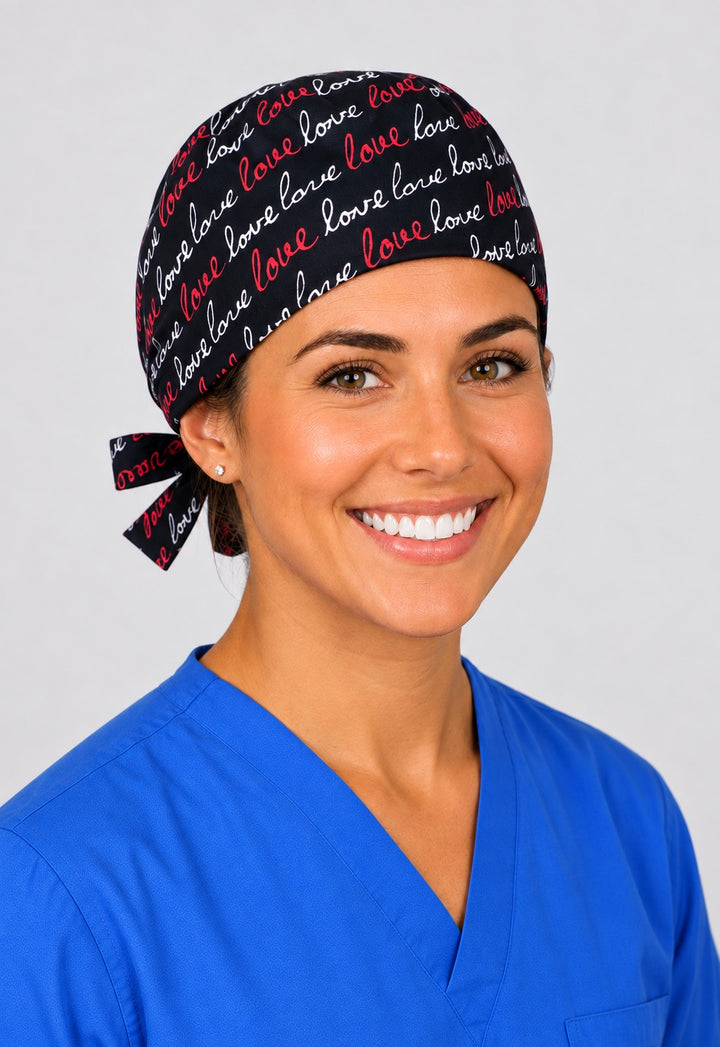 Cursive love word surgical hat in straight front view, short hair cap for PAs and anesthesia providers