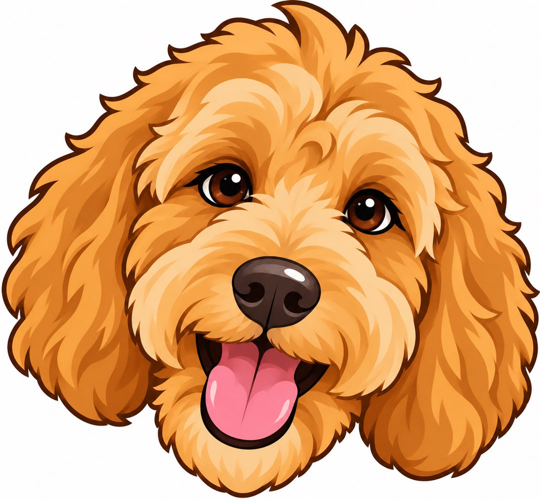 Custom cartoon goldendoodle portrait drawn by the OR World design team from a pet photo for a personalized scrub cap
