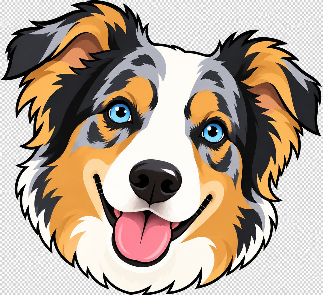 Custom cartoon blue merle Aussie portrait drawn by the OR World design team from a pet photo for a personalized surgical hat