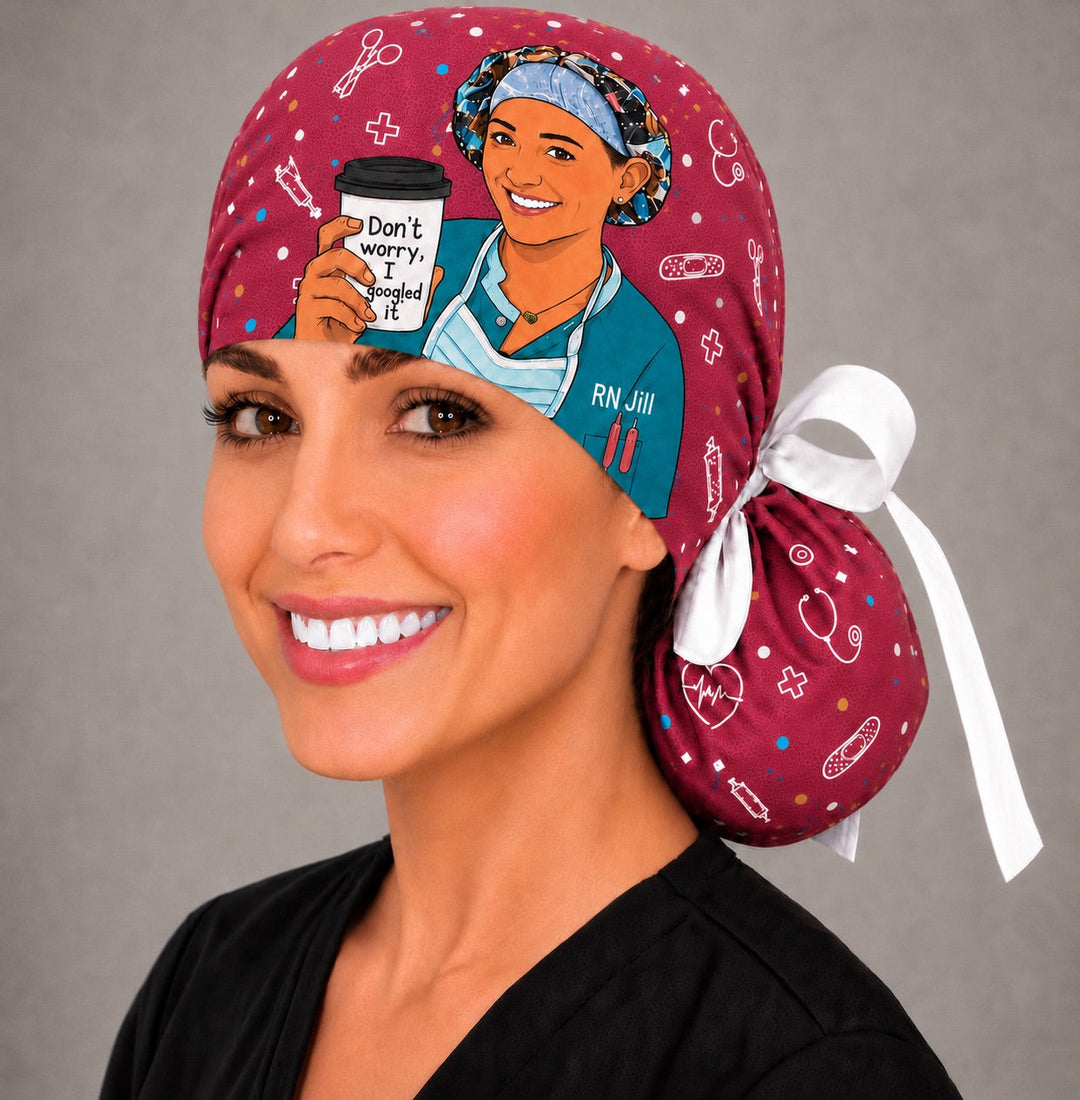 Custom cartoon photo ponytail scrub cap for women — turn her photo into a Don't Worry I Googled It nurse RN cartoon on a personalized ponytail surgical hat by OR World