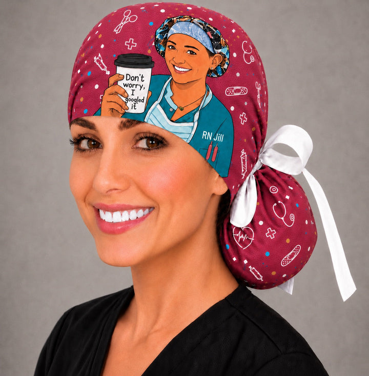 Custom cartoon photo ponytail scrub cap for women — turn her photo into a Don&