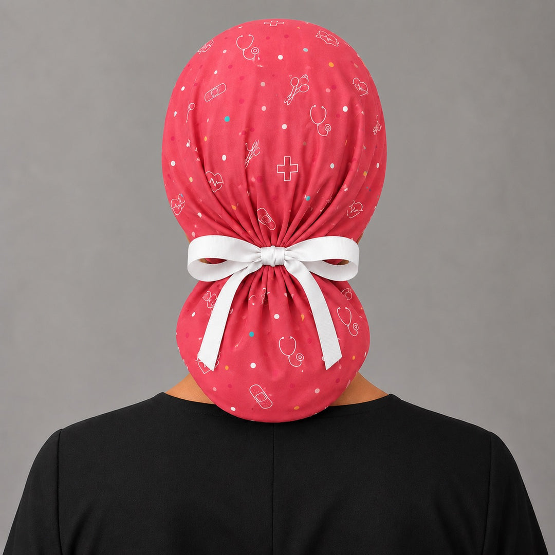 Back view of custom cartoon ponytail scrub cap with ponytail pouch, white bow and medical print, handmade surgical hat for women