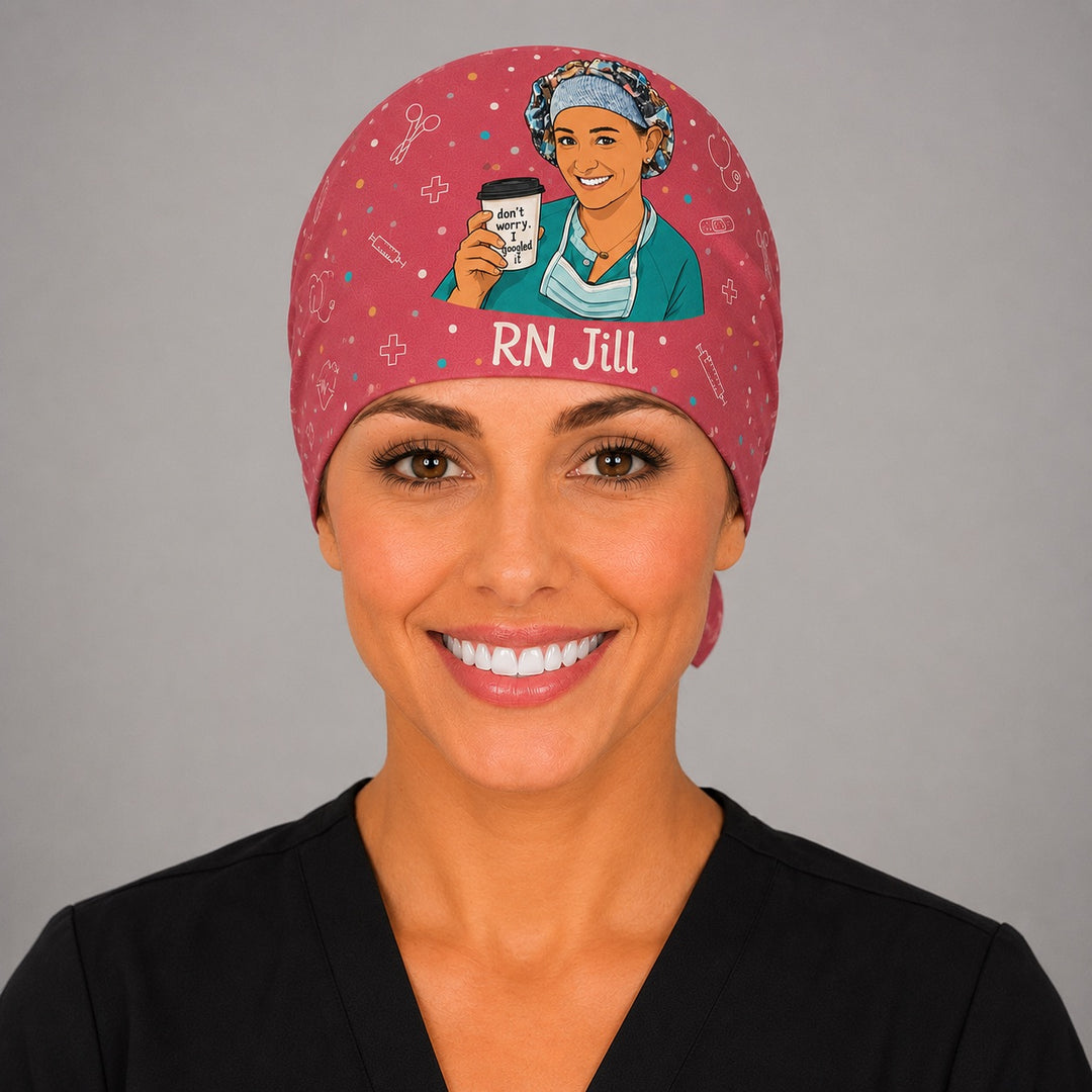 Front view of custom cartoon ponytail scrub cap for women with RN name and cartoon nurse holding coffee, personalized surgical hat