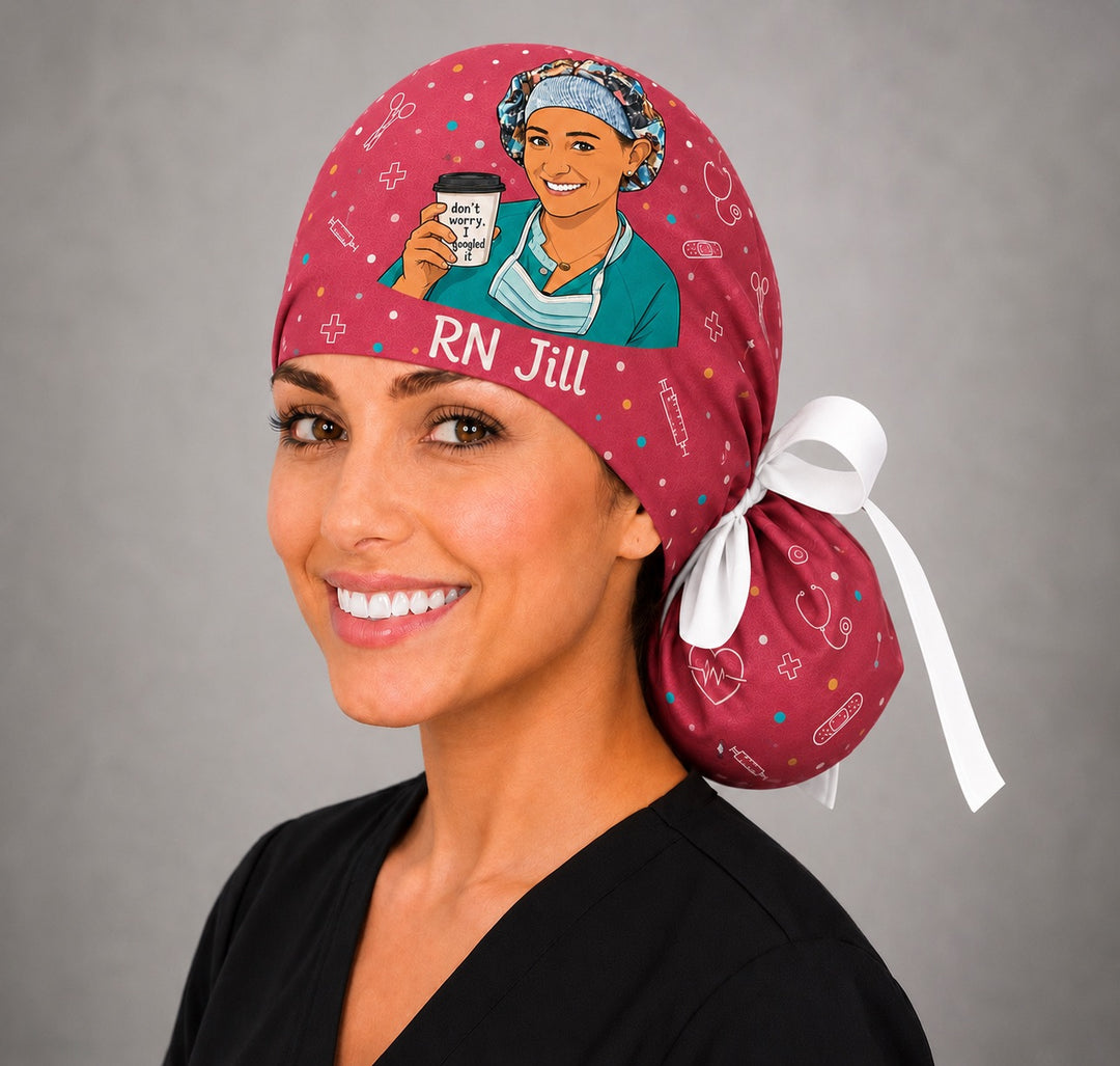 Custom cartoon ponytail scrub cap for women, RN Jill personalized surgical hat with large cartoon and medical print, handmade in USA
