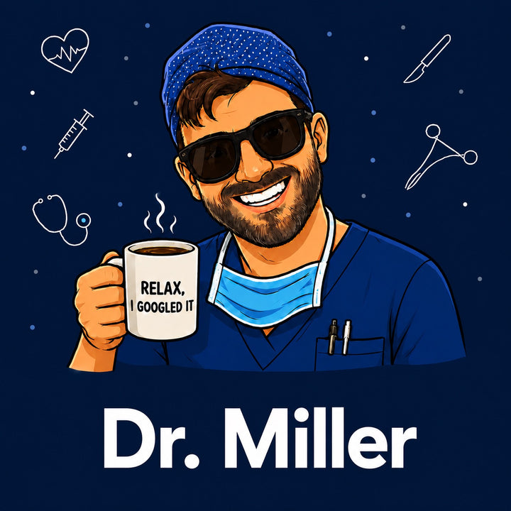 Custom photo printing cartoon artwork — we turn your picture into a smiling surgeon caricature holding a Relax I Googled It coffee mug, the personalized design printed on OR World cartoon scrub caps