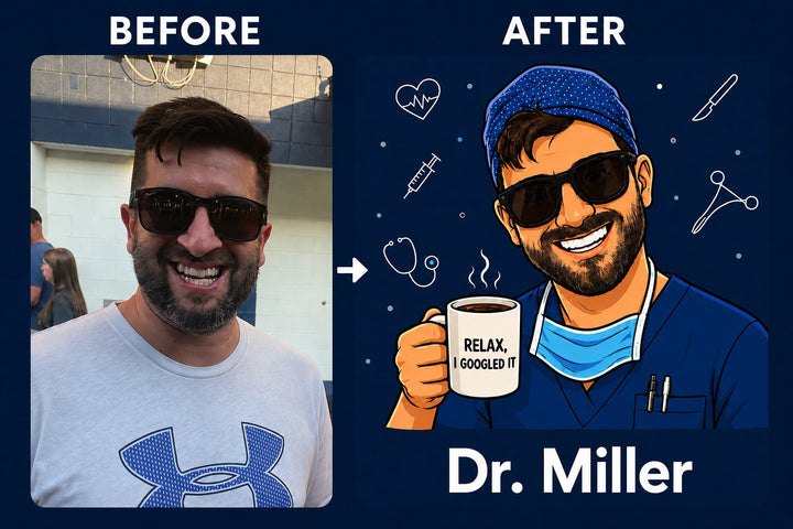 Custom photo printing scrub cap before and after — we take your real photo and turn it into a cartoon caricature holding a Relax I Googled It mug, printed on a men&