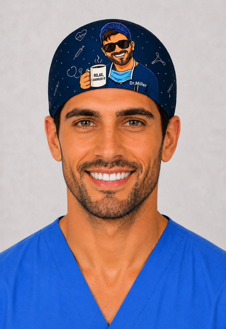 Front view of a custom photo cartoon scrub cap — send us a photo and we turn the person into a personalized cartoon printed on a navy men&